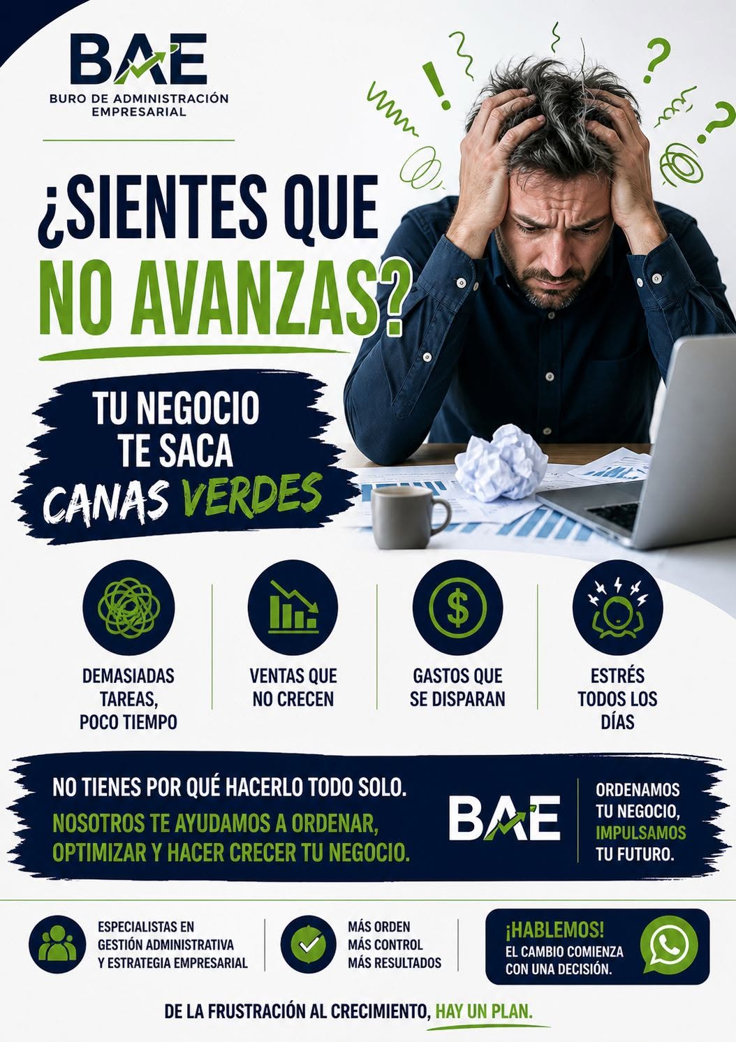 Problemas que BAE ayuda a resolver: demasiadas tareas, ventas estancadas, gastos altos y estrés diario